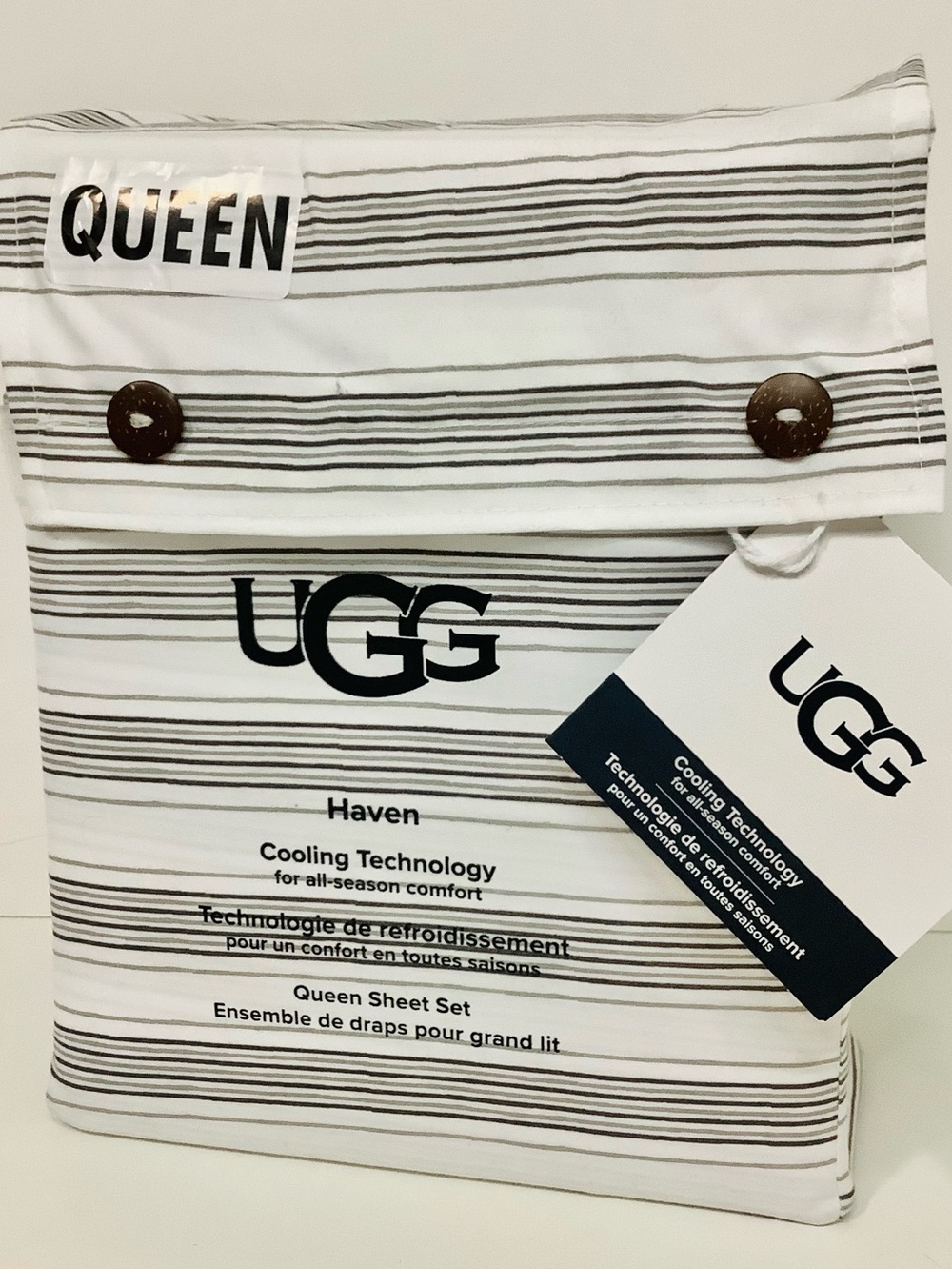 UGG Haven Queen Sheet Set Cooling Technology Charcoal Stripes Comfort NEW